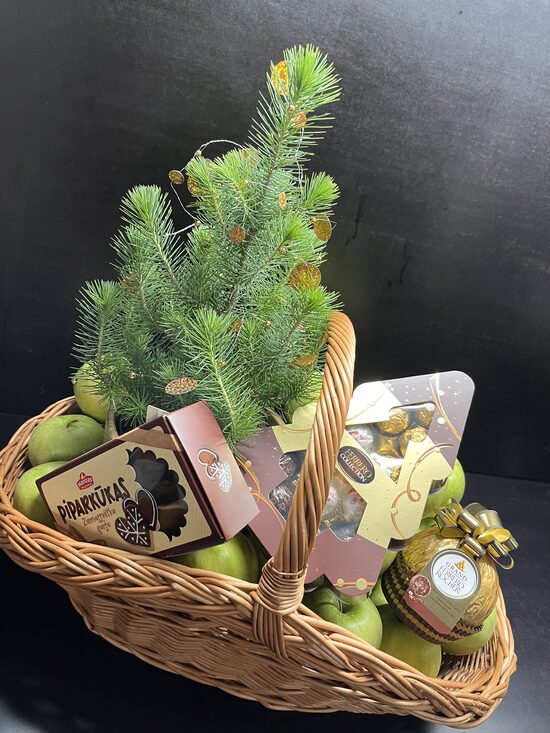 Christmas Gift Basket with pine tree, apples, gingerbread, candies 11 kg