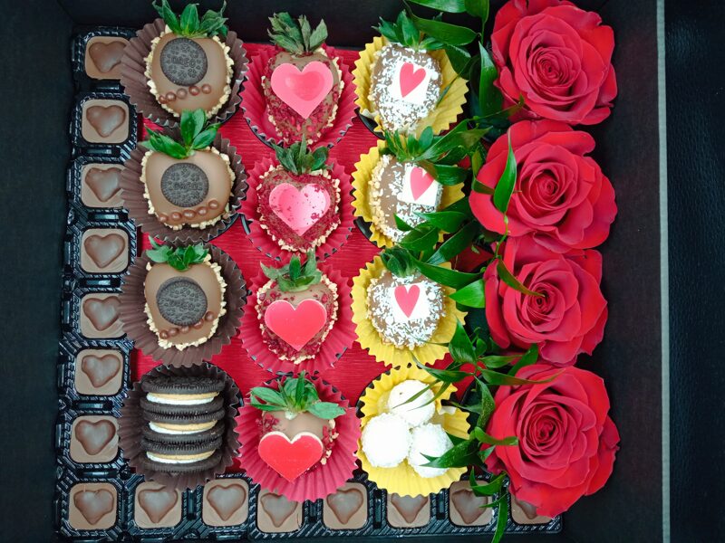 Large strawberry box with roses and heart shaped candies