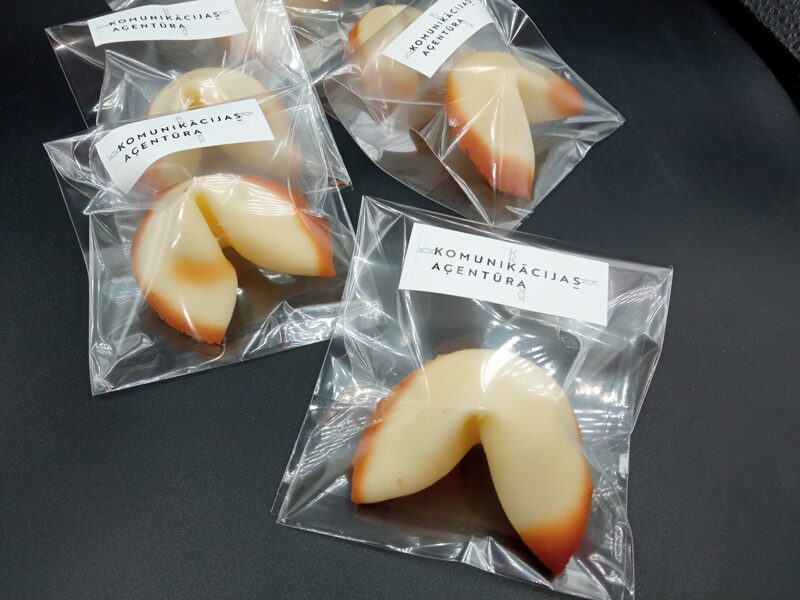 Fortune Cookies in bags with a sticker on the bag