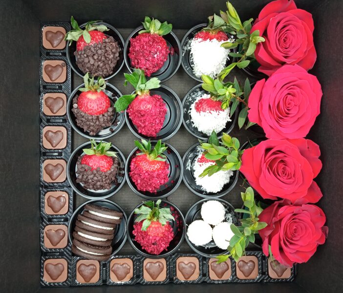Large strawberry box with roses and heart shaped candies