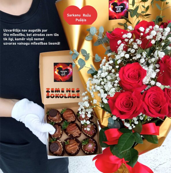 "Flame of Love" Set of 9 Strawberries in Chocolate, Bouquet of 9 Red Roses